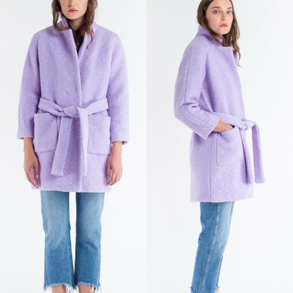 GANNI Womens Fenn Wrap Coat Sz 34/ US 2 Pastel Lilac Belted Boucle Wool Blend